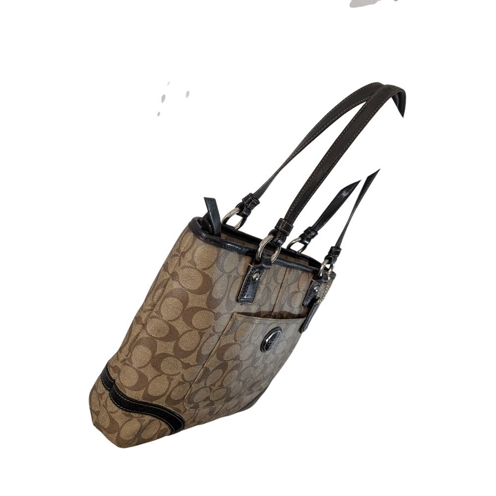 COACH! LUXE BROWN GENUINE LEATHER & TAN MONOGRAM PEYTON HANDBAG, PURSE, BAG! - Picture 6 of 14